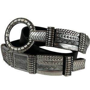 Vintage Heavy Ornate Silver Metal Hook Loop Waist Belt Leather 90s Chicos Large